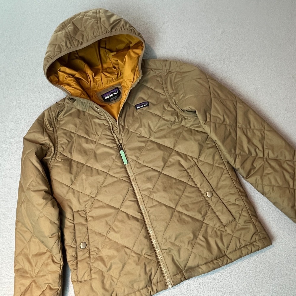 Patagonia Kids Boys Girls Quilted Hooded Jacket Size L 12 Tan Full Zip